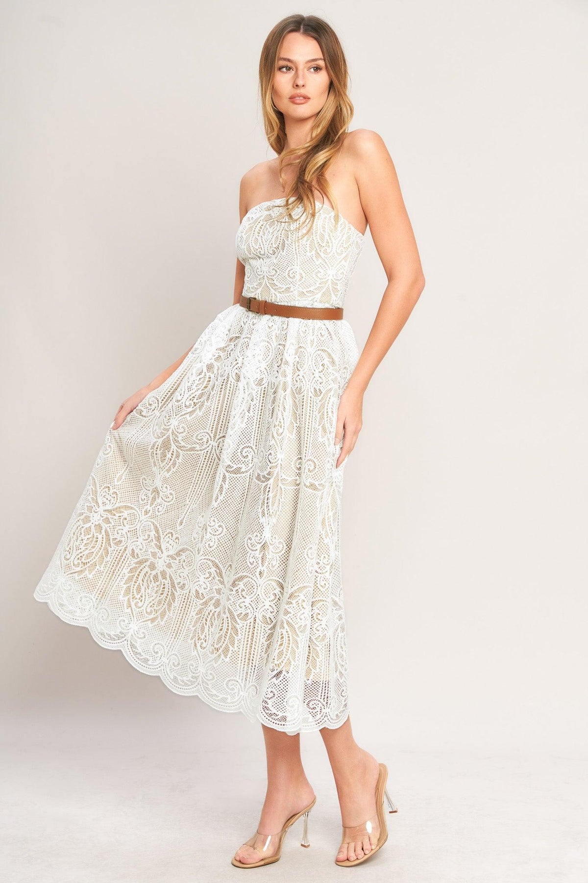 VESTIDO MIDI ELEGANTE DE ENCAJE TEJIDO PARA JARDÍN