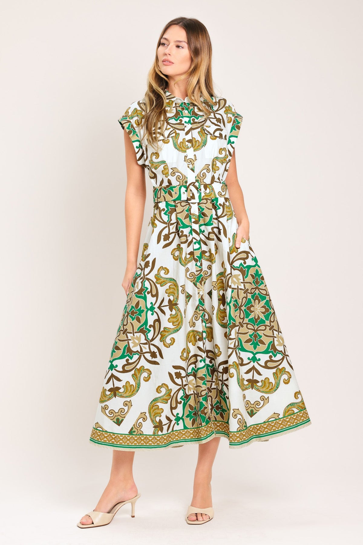 EMERALD ORNATE WOVEN MIDI SHIRT DRESS