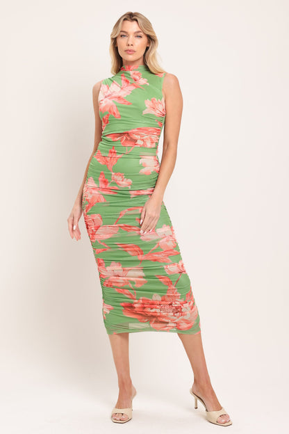 PARADISE GLOW POWER MESH MIDI DRESS