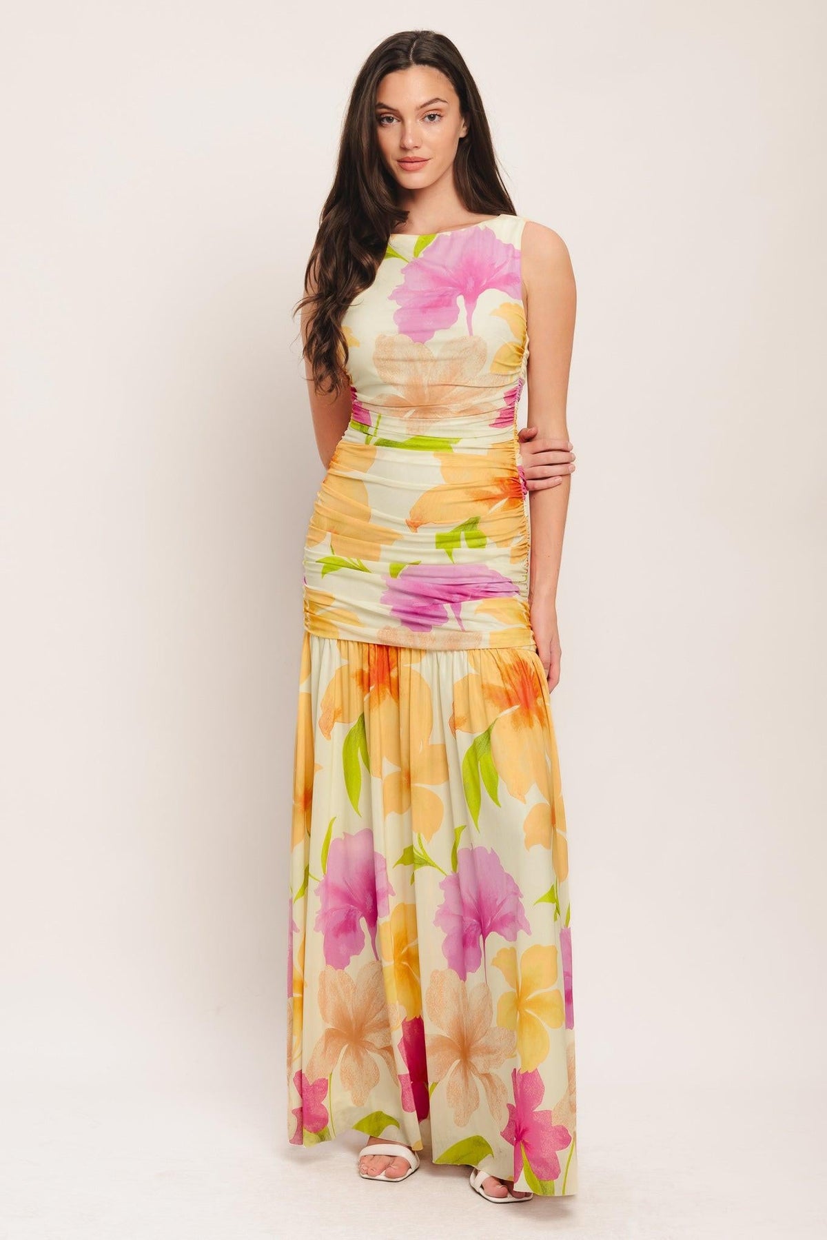 WARM BREEZE BLOOMS POWER MESH MAXI DRESS