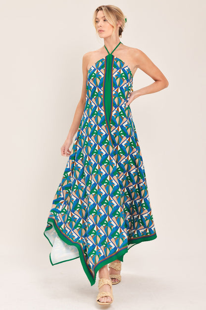 TROPICAL TEMPTATION HALTER WOVEN MIDI DRESS