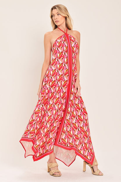 TROPICAL TEMPTATION HALTER WOVEN MIDI DRESS