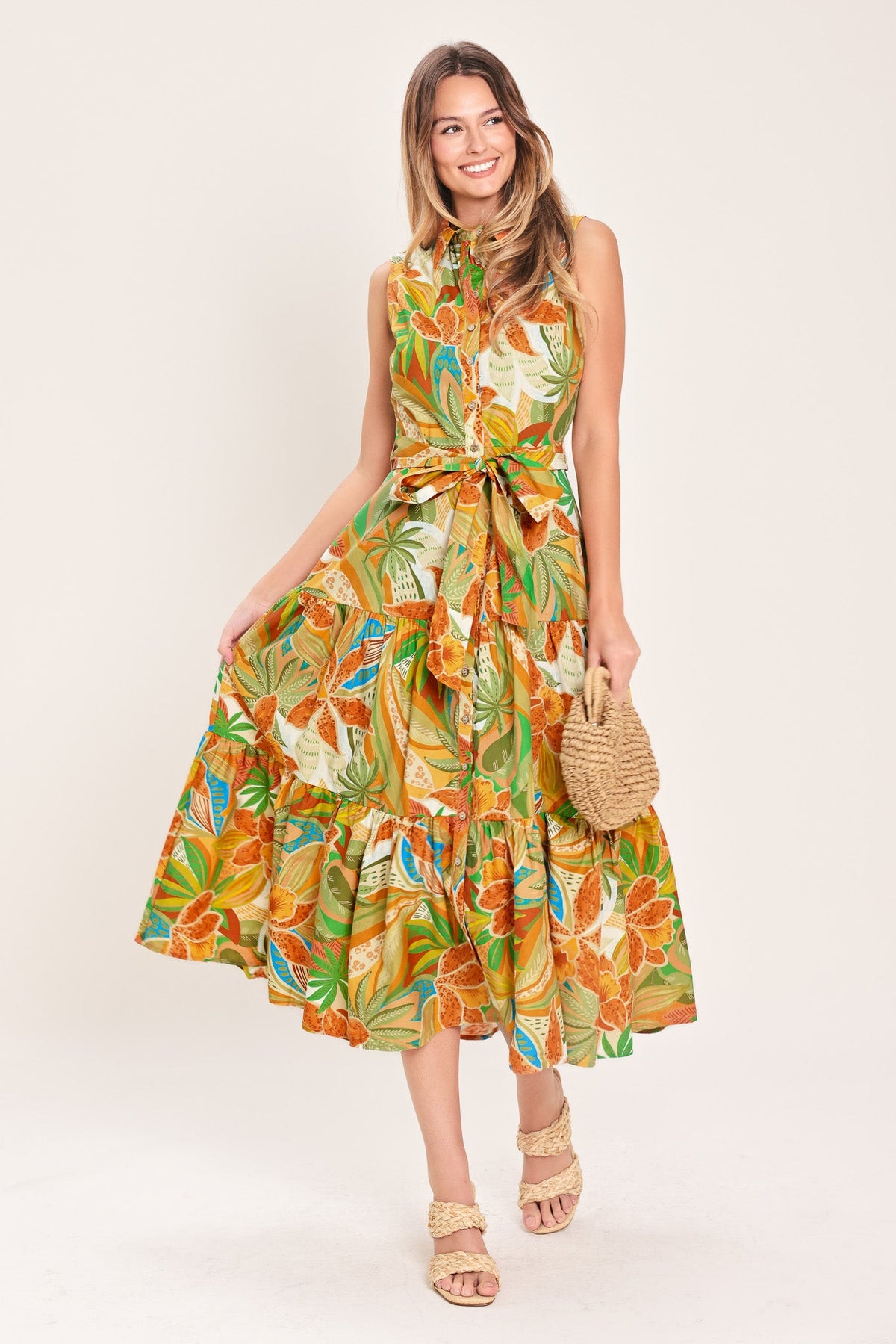 VESTIDO CAMISERO MIDI DE TEJIDO PLANO CON ESTAMPADO TROPICAL Y VOLANTES