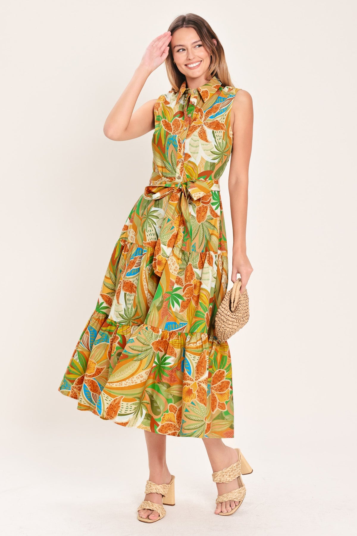 VESTIDO CAMISERO MIDI DE TEJIDO PLANO CON ESTAMPADO TROPICAL Y VOLANTES