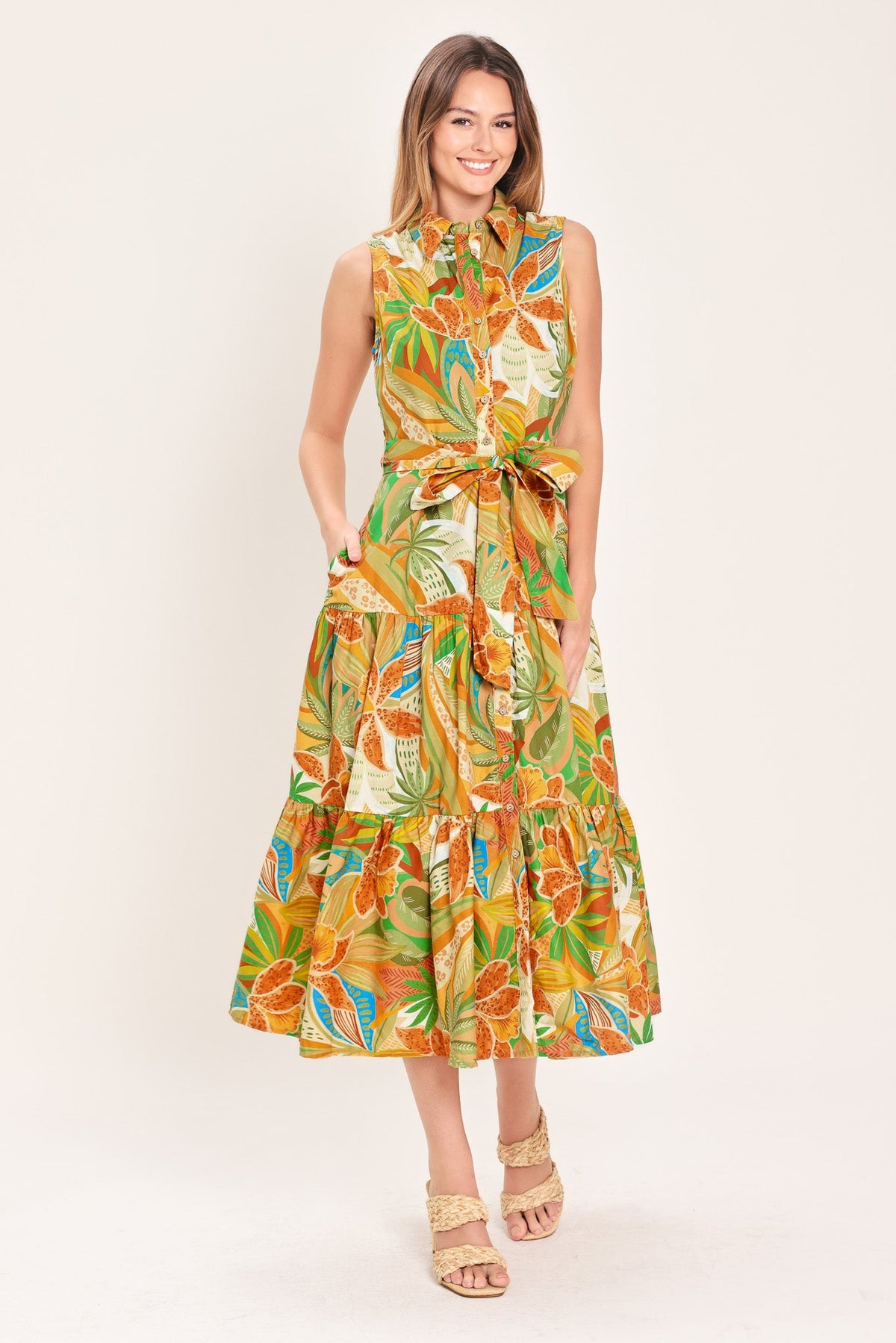 VESTIDO CAMISERO MIDI DE TEJIDO PLANO CON ESTAMPADO TROPICAL Y VOLANTES