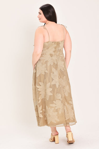 SANDY BLOOM FLORAL WOVEN LACE MIDI DRESS