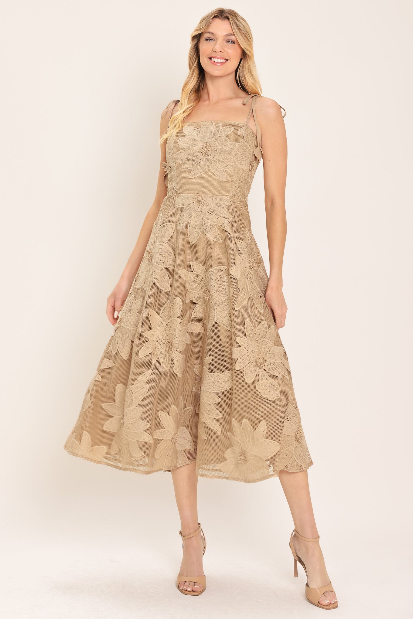 SANDY BLOOM FLORAL WOVEN LACE MIDI DRESS