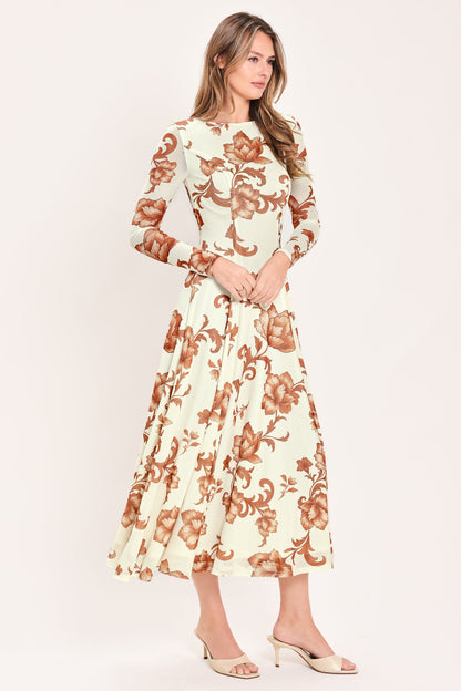 HEIRLOOM FLOWERS POWER MESH MIDI DRESS