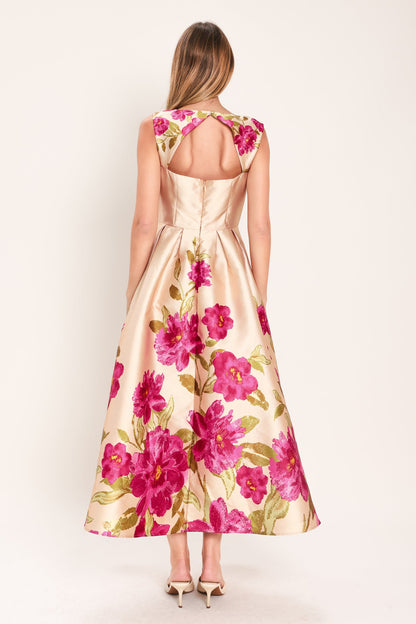 SOFT SATIN FLORAL WOVEN MIDI DRESS