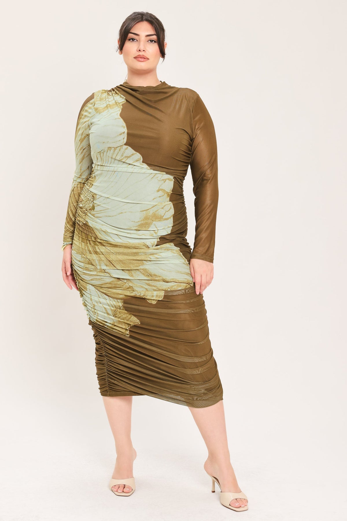 VESTIDO MIDI DE MALLA ELÁSTICA CON CONTORNO DE FLORES MARRONES