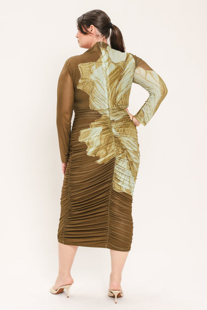 BROWN BLOSSOM CONTOUR POWER MESH MIDI DRESS
