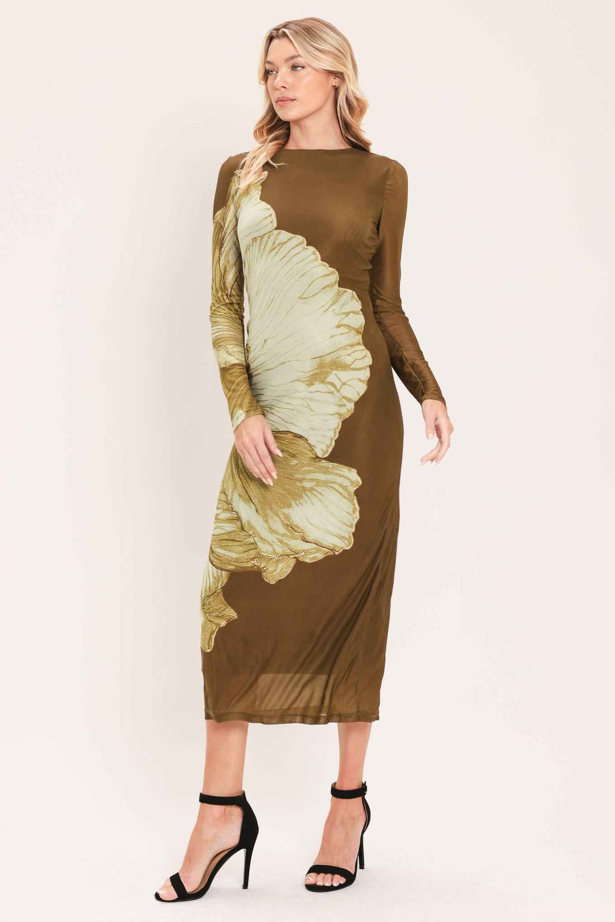 BROWN BLOSSOM CONTOUR POWER MESH MIDI DRESS
