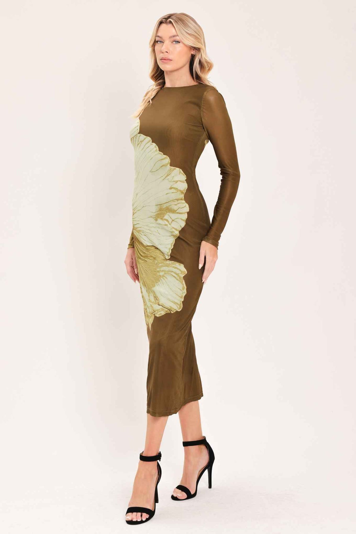 BROWN BLOSSOM CONTOUR POWER MESH MIDI DRESS