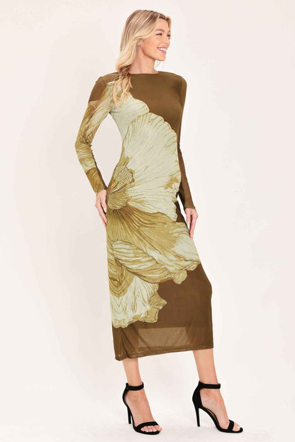 BROWN BLOSSOM CONTOUR POWER MESH MIDI DRESS