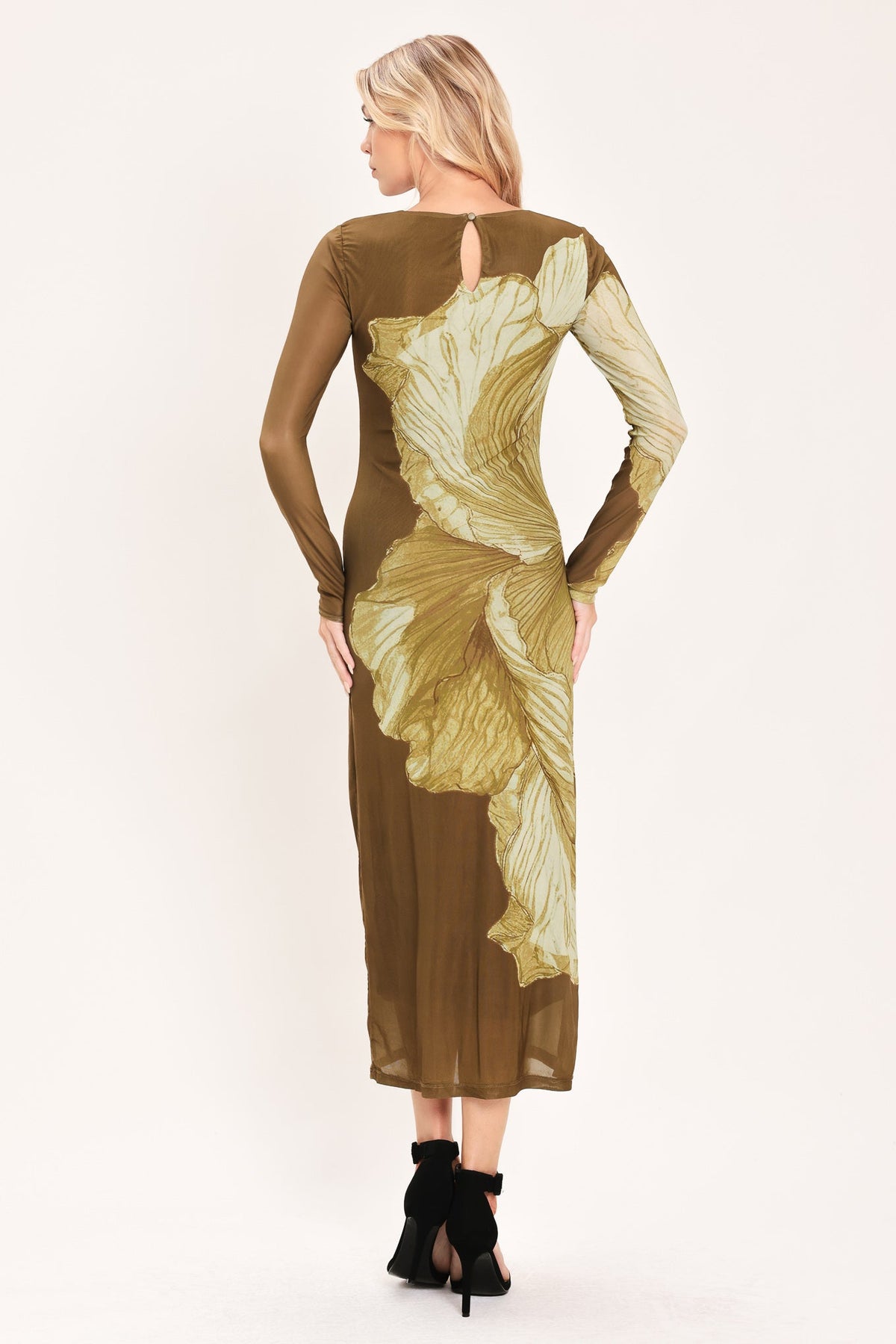 VESTIDO MIDI DE MALLA ELÁSTICA CON CONTORNO DE FLORES MARRONES