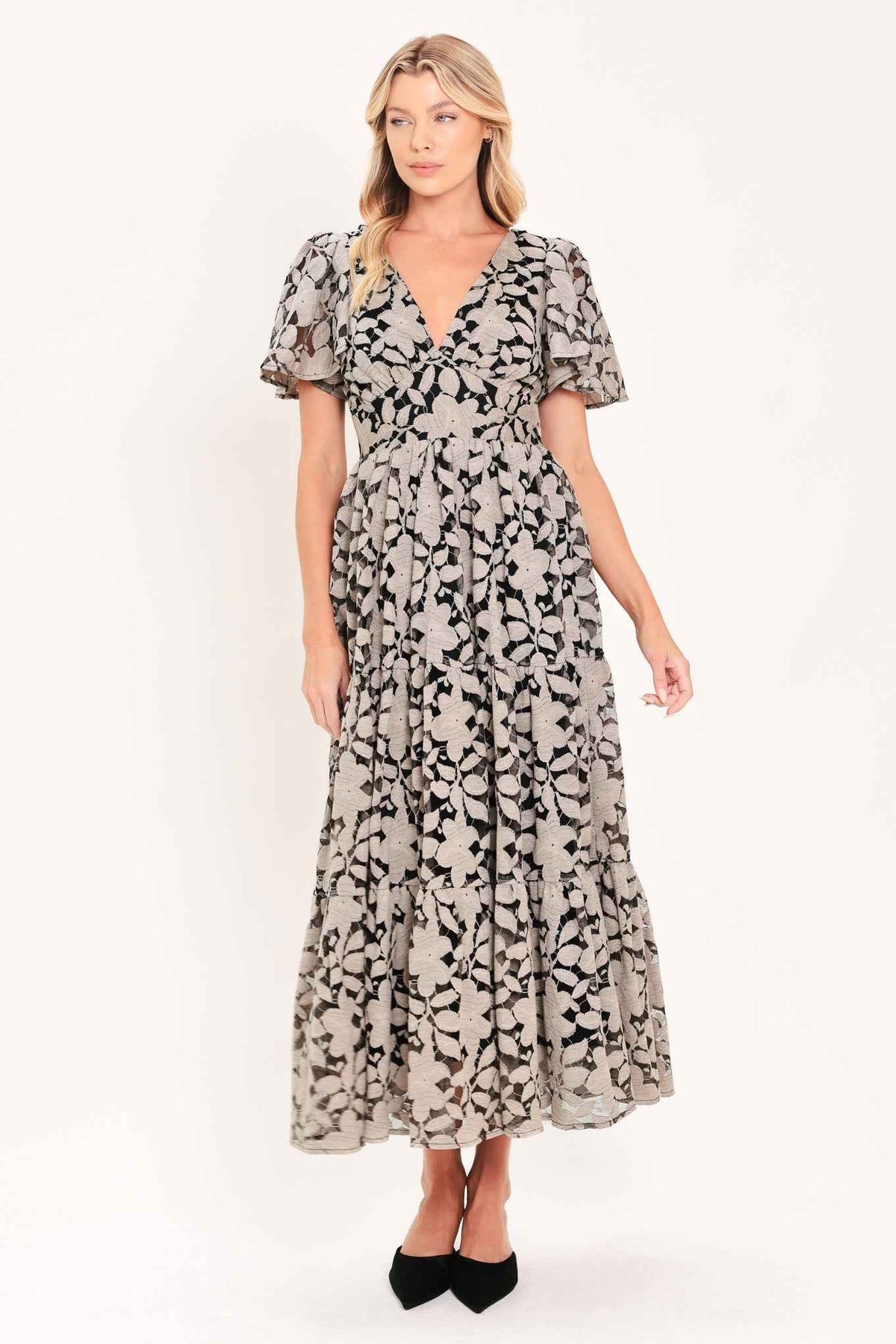 ASHEN FLORAL MAJESTY WOVEN LACE MIDI DRESS