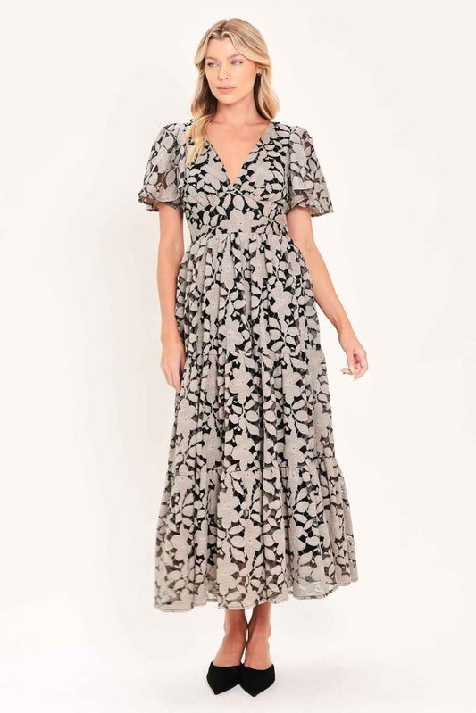 ASHEN FLORAL MAJESTY WOVEN LACE MIDI DRESS