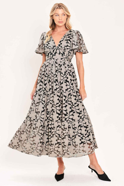 ASHEN FLORAL MAJESTY WOVEN LACE MIDI DRESS