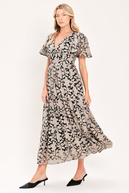 ASHEN FLORAL MAJESTY WOVEN LACE MIDI DRESS