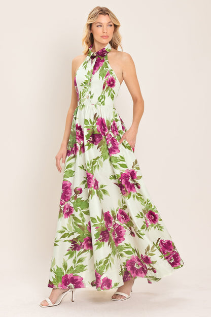 FUCHSIA ROSE HALTER WOVEN MAXI DRESS