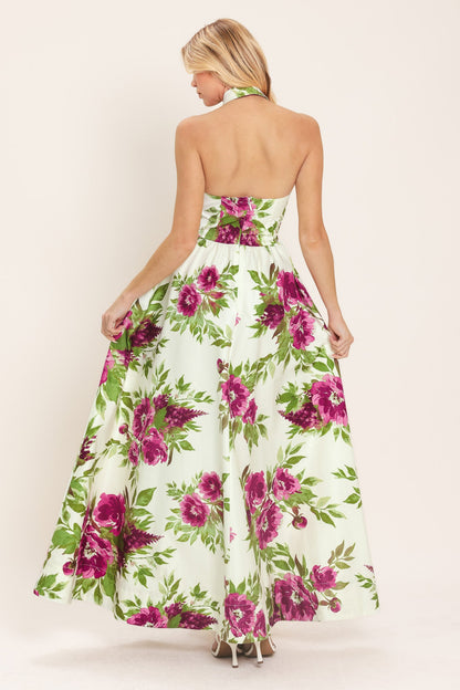 FUCHSIA ROSE HALTER WOVEN MAXI DRESS