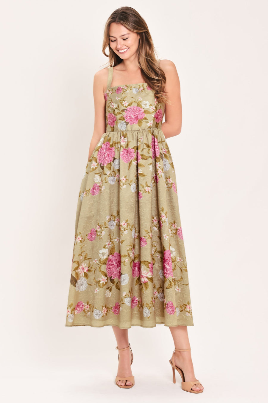 SWEET PEONY MORNING WOVEN MIDI DRESS