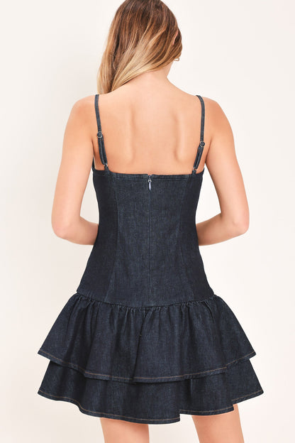 NIGHT OUT FLOUNCE DENIM MINI DRESS