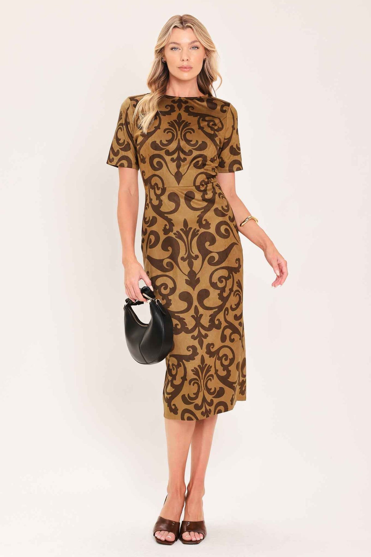 COGNAC SCROLL SILHOUETTE FAUX SUEDE MIDI DRESS
