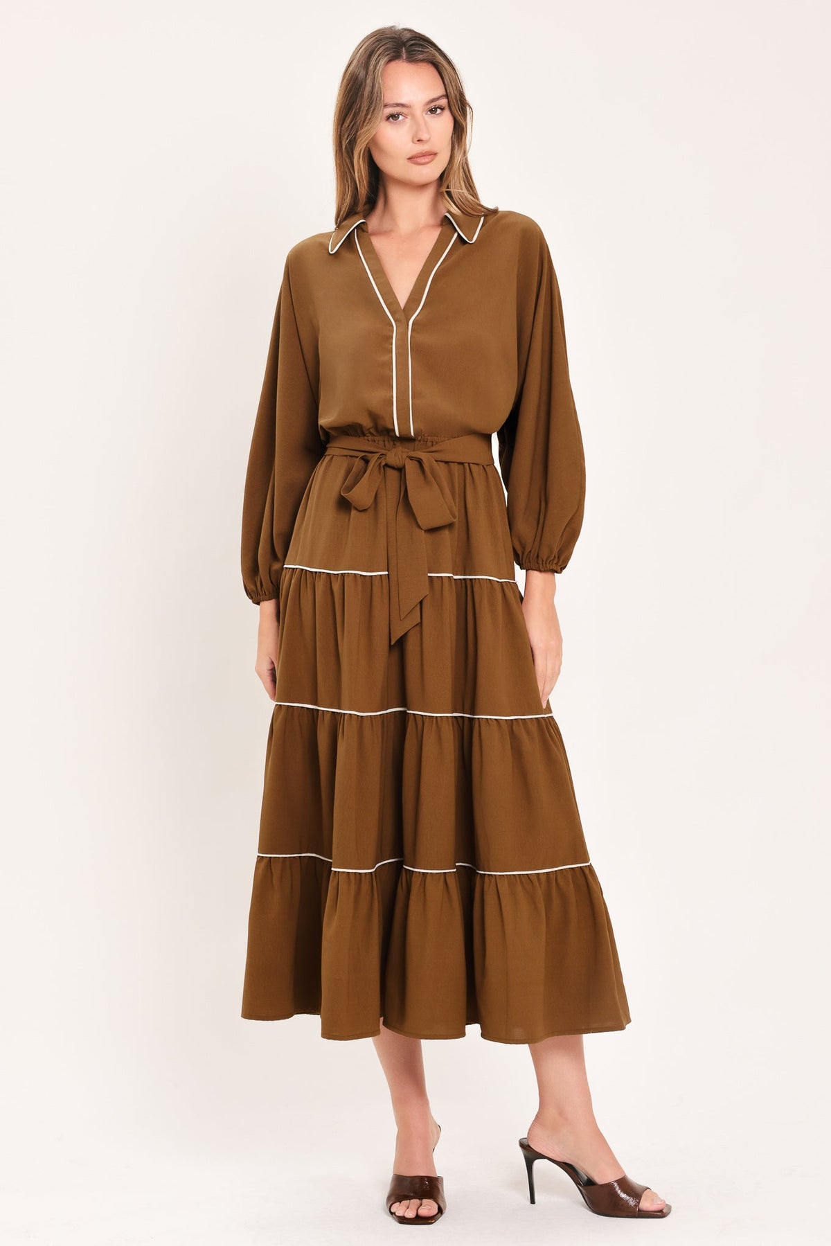 VESTIDO MIDI DE ALGODÓN CON VOLANTES COLOR MAPLE