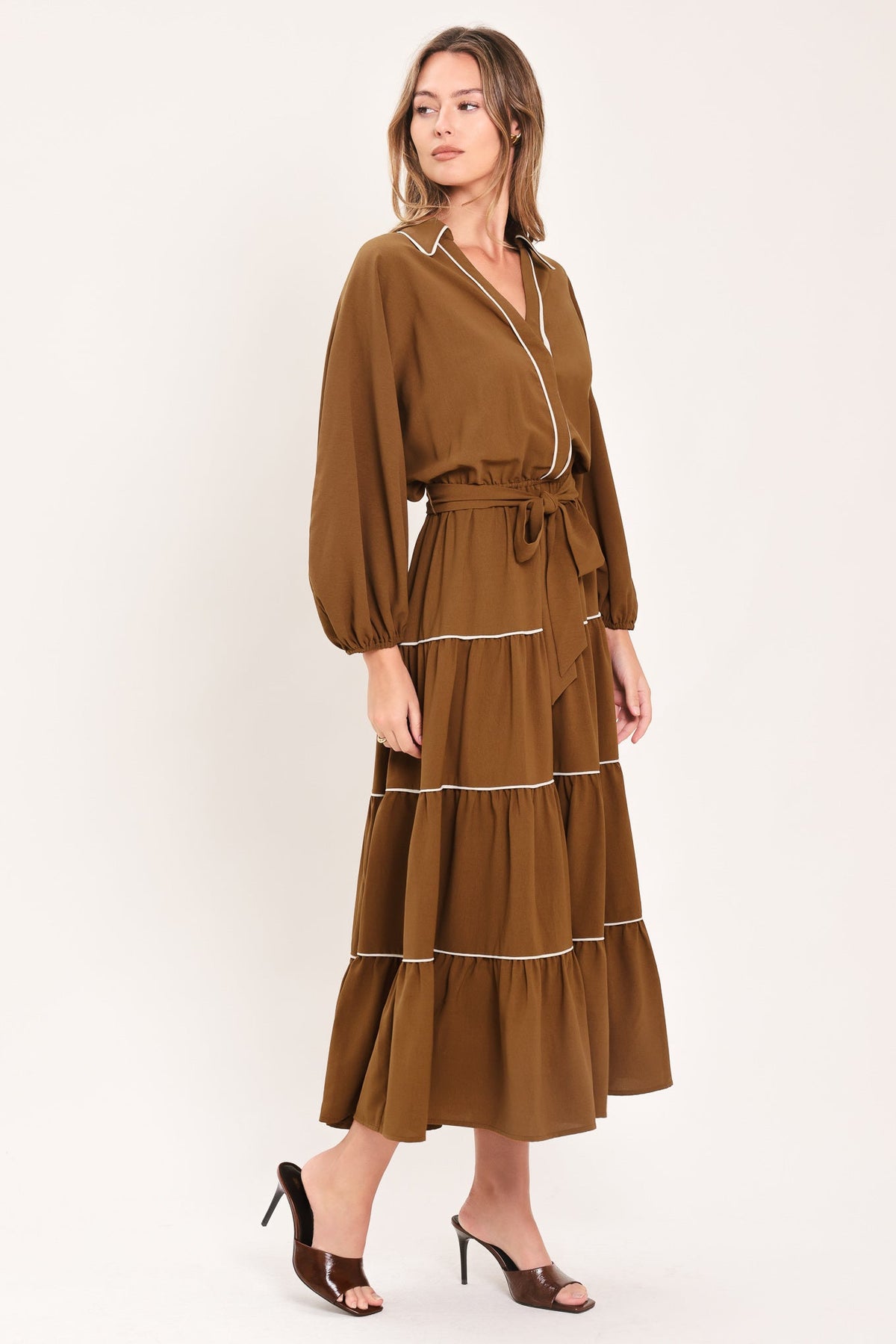 VESTIDO MIDI DE ALGODÓN CON VOLANTES COLOR MAPLE