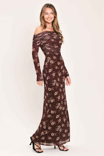 TWILIGHT GARDEN POWER MESH MAXI DRESS