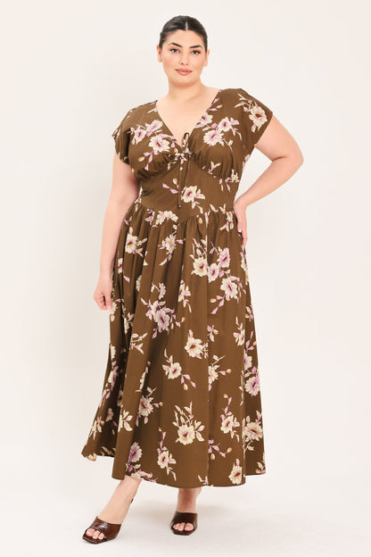 BROWN DAISY WOVEN MIDI DRESS