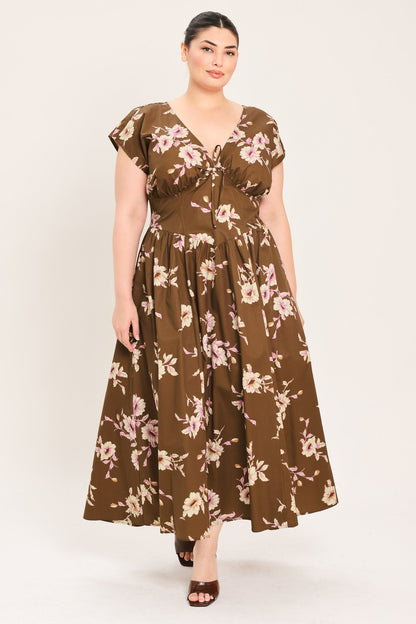 BROWN DAISY WOVEN MIDI DRESS