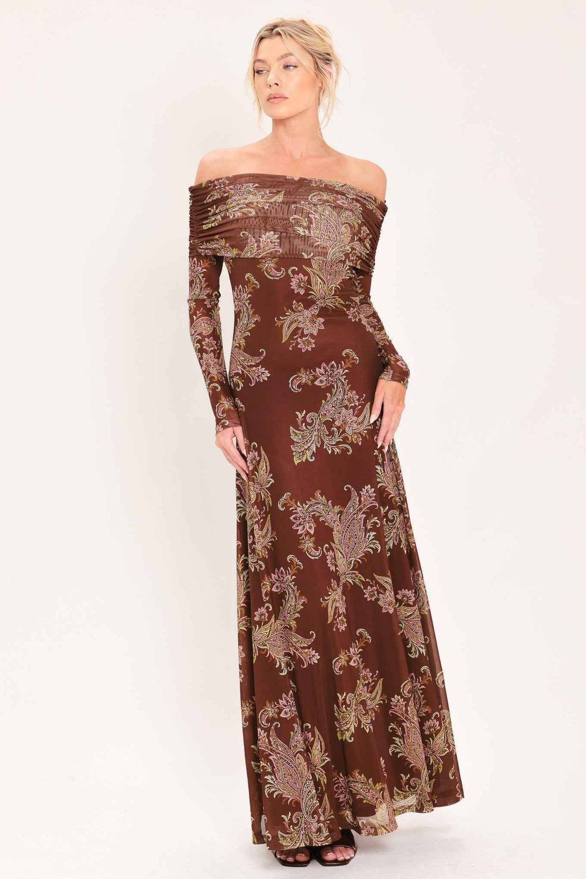 BURNT SIENNA SERENADE POWER MESH MAXI MAXI DRESS