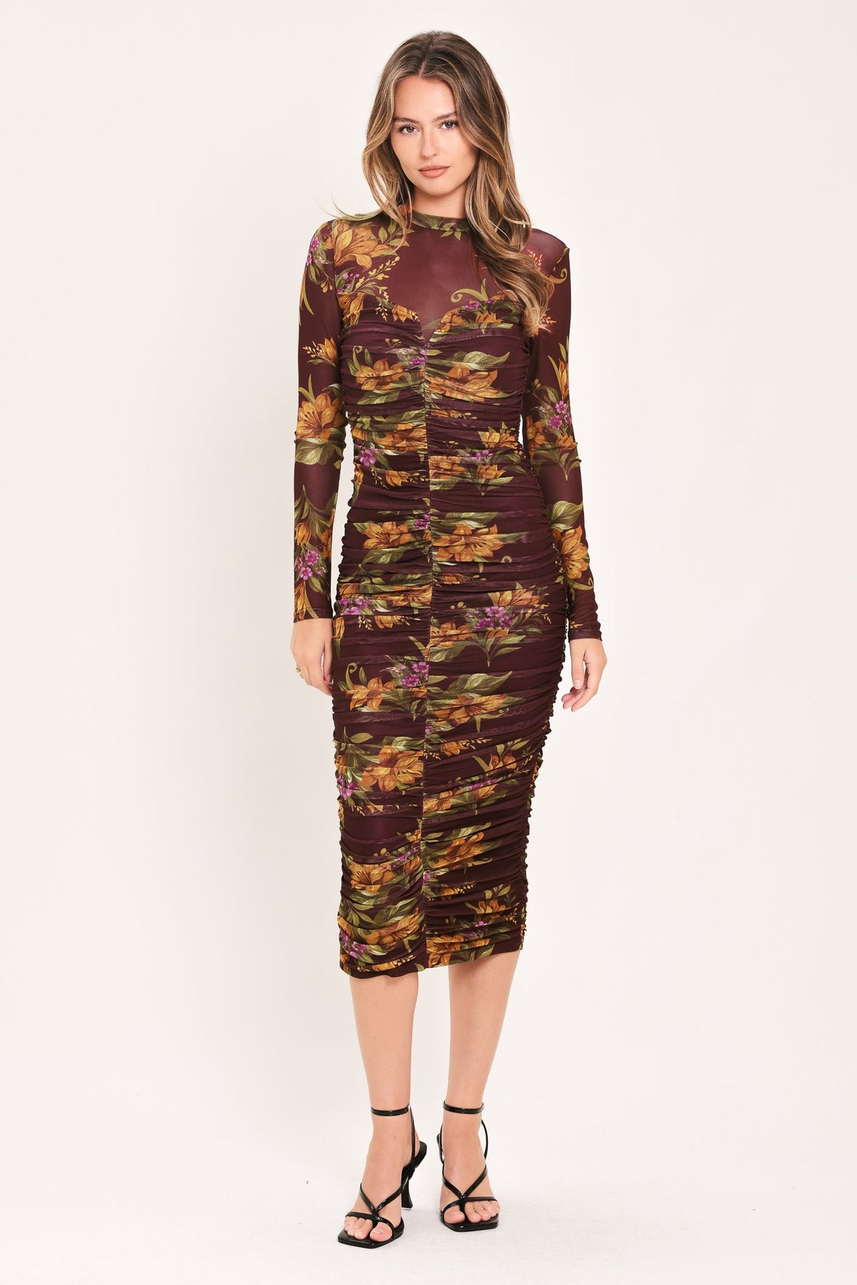 VESTIDO MIDI DE TUL ELÁSTICO CON ESTAMPADO FLORAL EN TONO ROJIZO