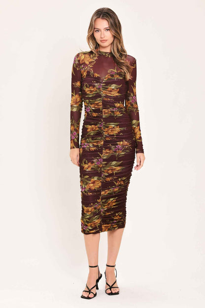 RUSSET FLORAL ELEGANCE POWER MESH MIDI DRESS