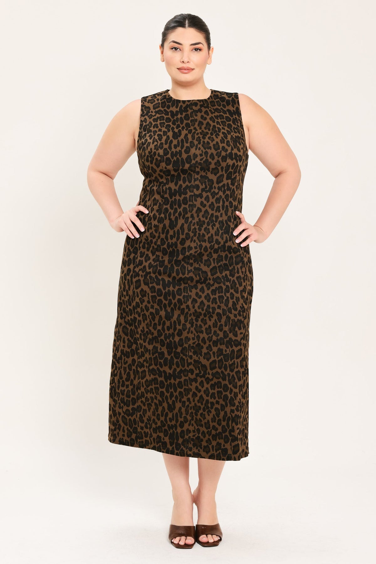 VESTIDO MIDI DE SARGA CON ESTAMPADO DE LEOPARDO