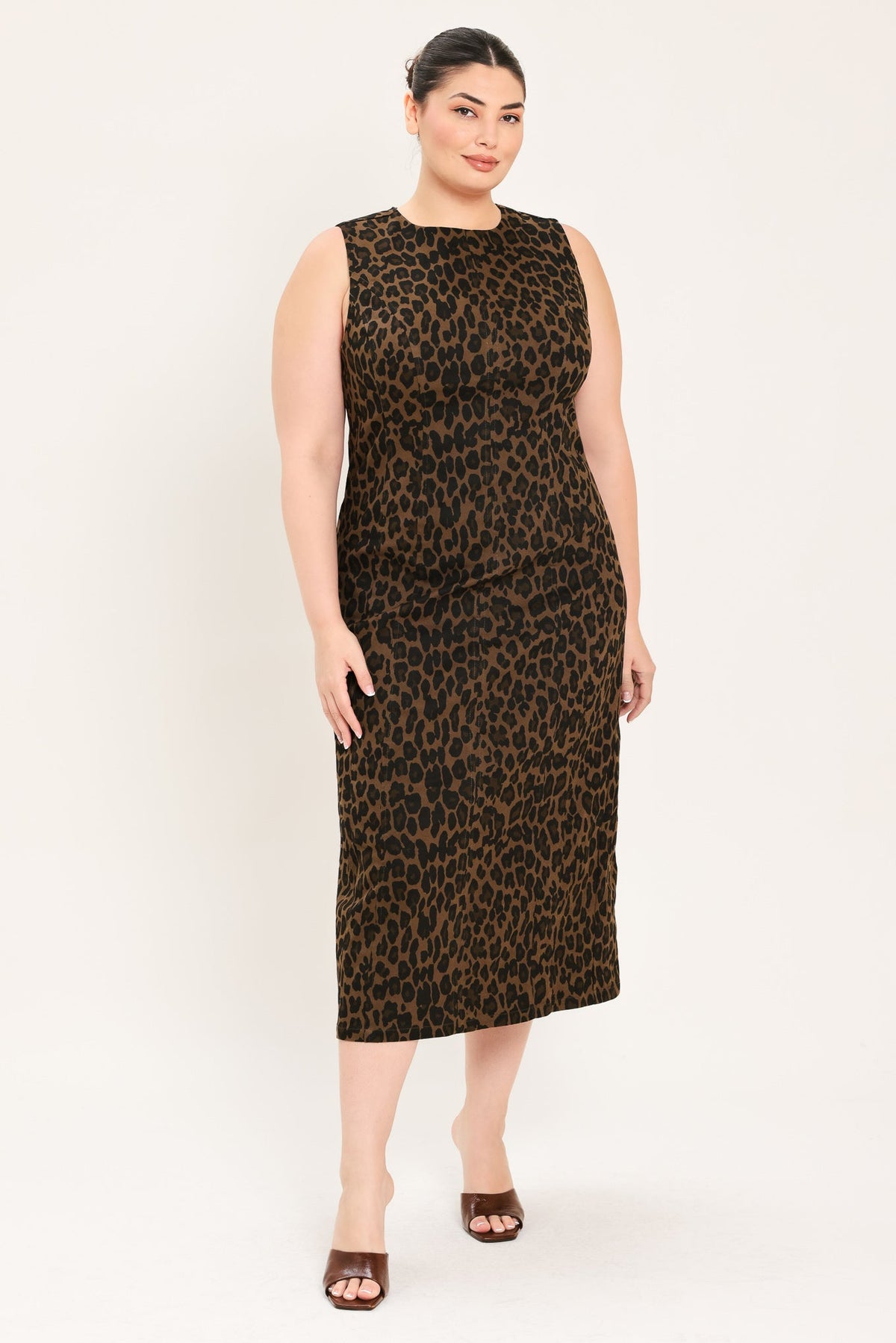 VESTIDO MIDI DE SARGA CON ESTAMPADO DE LEOPARDO