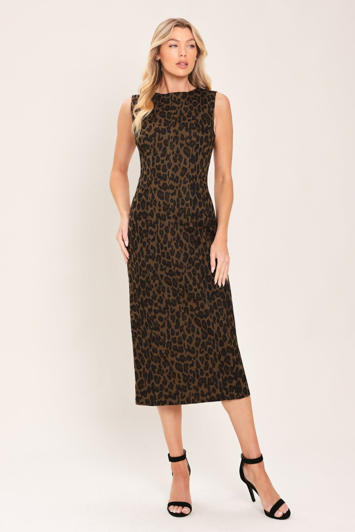 VESTIDO MIDI DE SARGA CON ESTAMPADO DE LEOPARDO