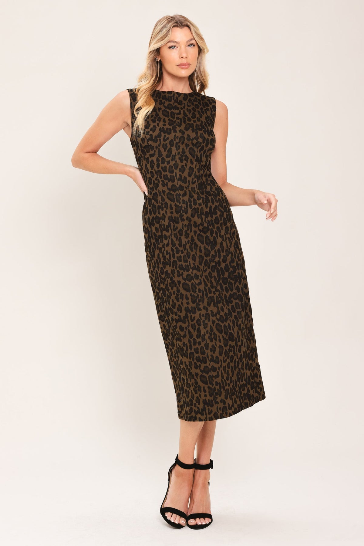 VESTIDO MIDI DE SARGA CON ESTAMPADO DE LEOPARDO