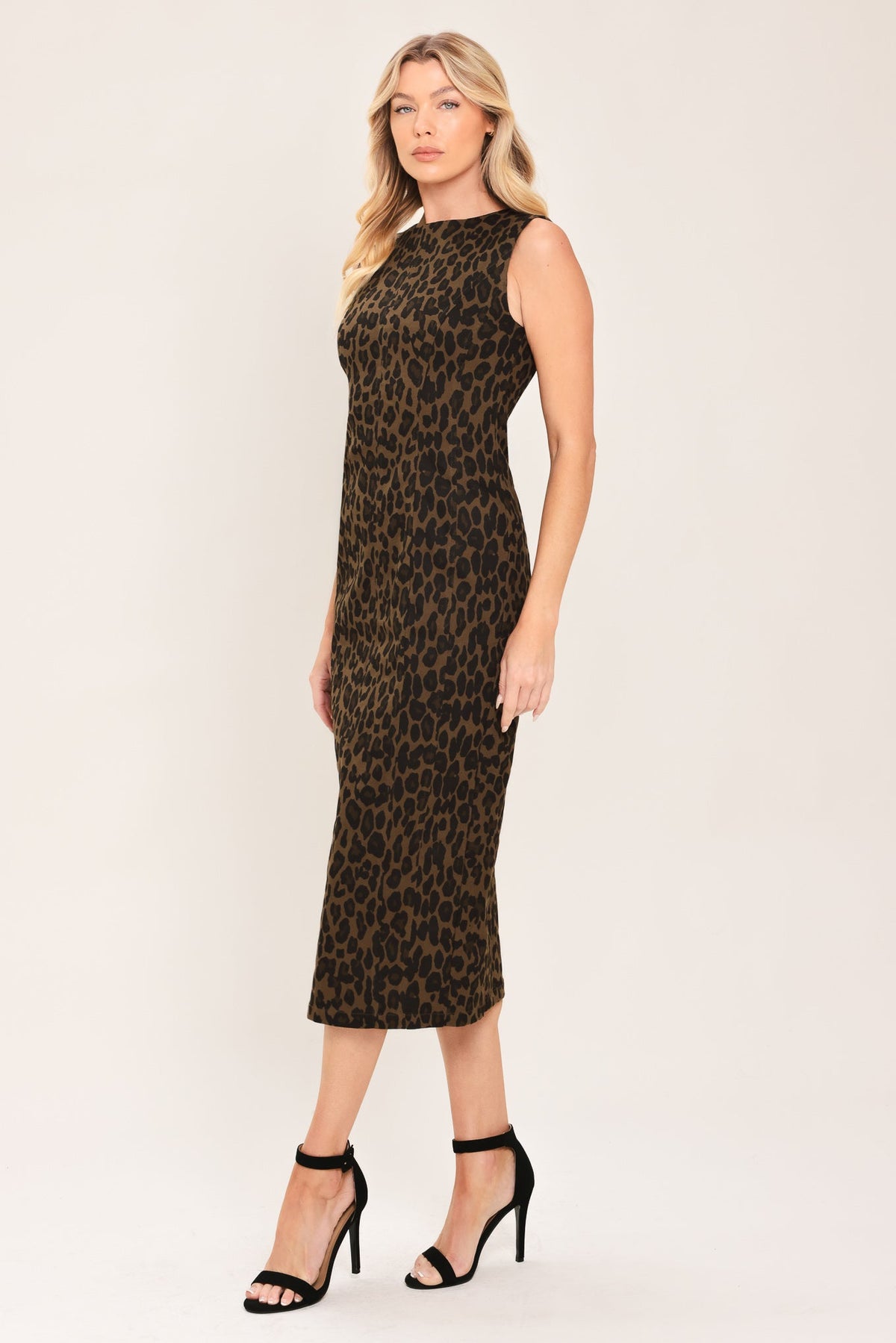 VESTIDO MIDI DE SARGA CON ESTAMPADO DE LEOPARDO