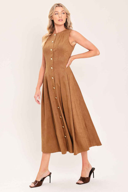 SADDLE SUEDE SWING FAUX SUEDE MIDI DRESS