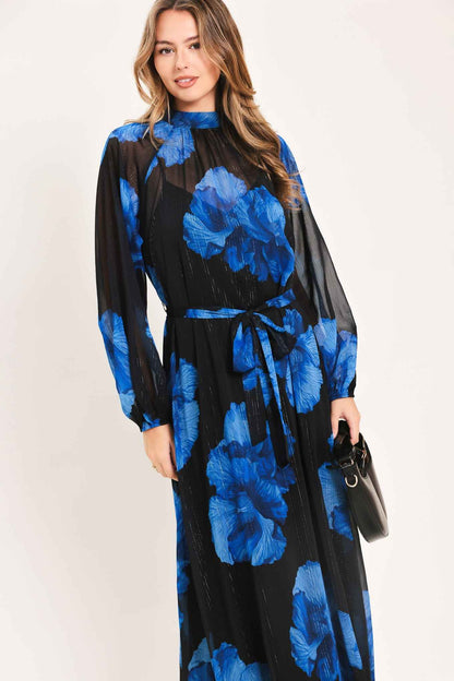 COBALT PETALS IN SHADOW WOVEN MAXI DRESS