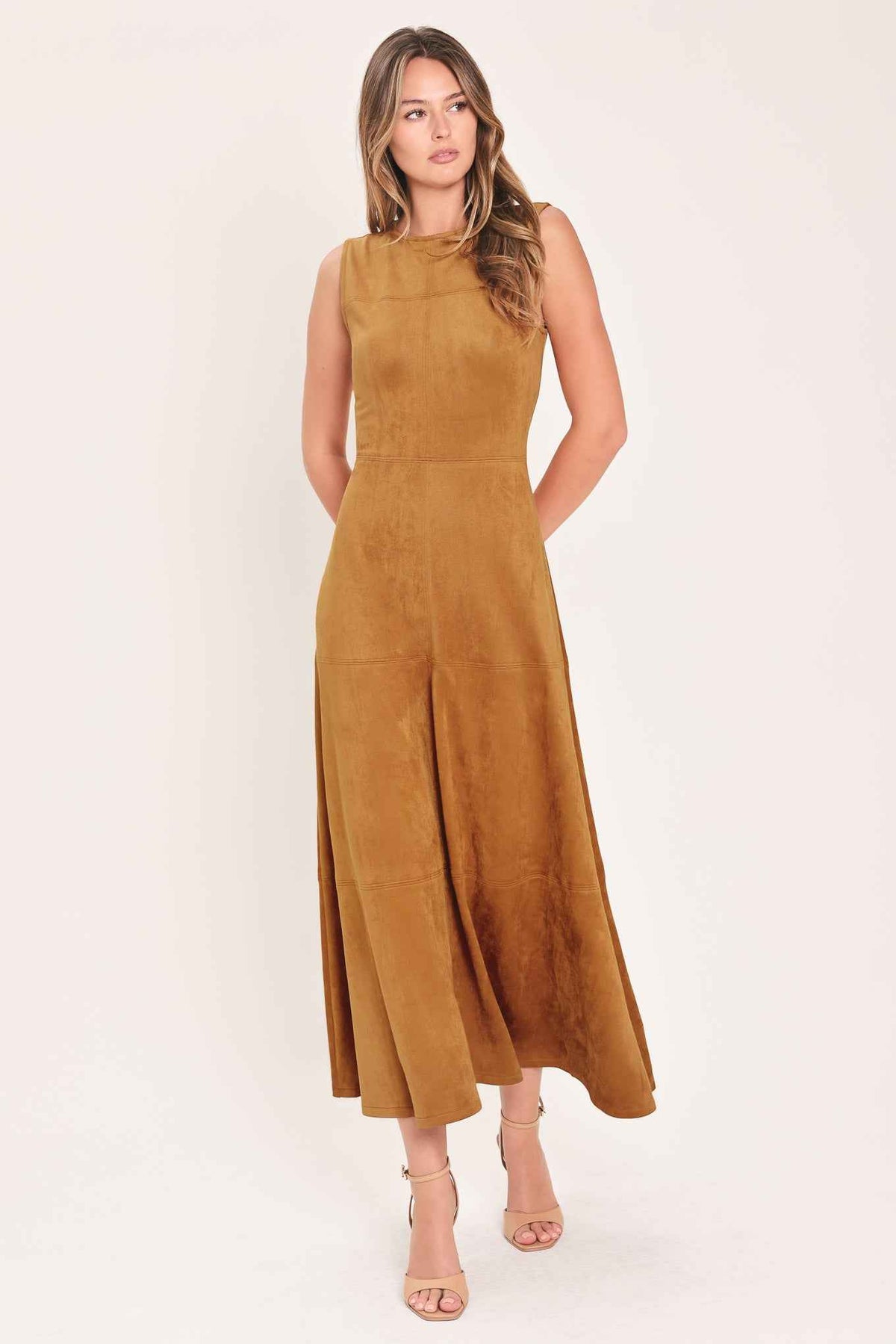 HARVEST MOON CAMEL FAUX SUEDE FIT & FLARE MIDI DRESS