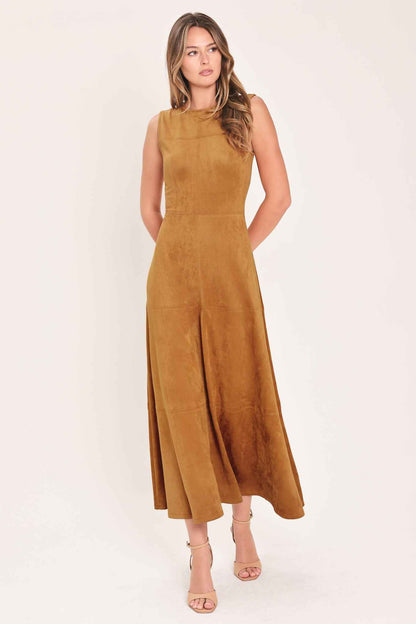 HARVEST MOON CAMEL FAUX SUEDE FIT & FLARE MIDI DRESS