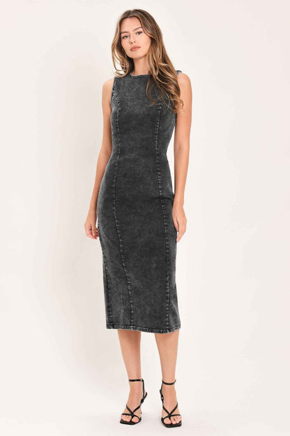 VINTAGE CHARCOAL SCULPT DENIM MIDI SHEATH DRESS