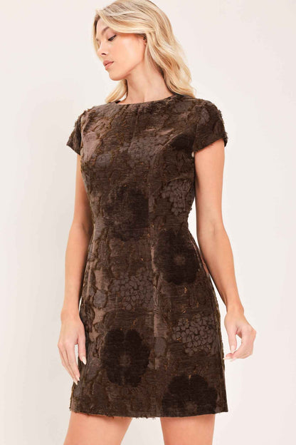 DEEP COFFEE CONTOUR JACQUARD VELVET MINI DRESS
