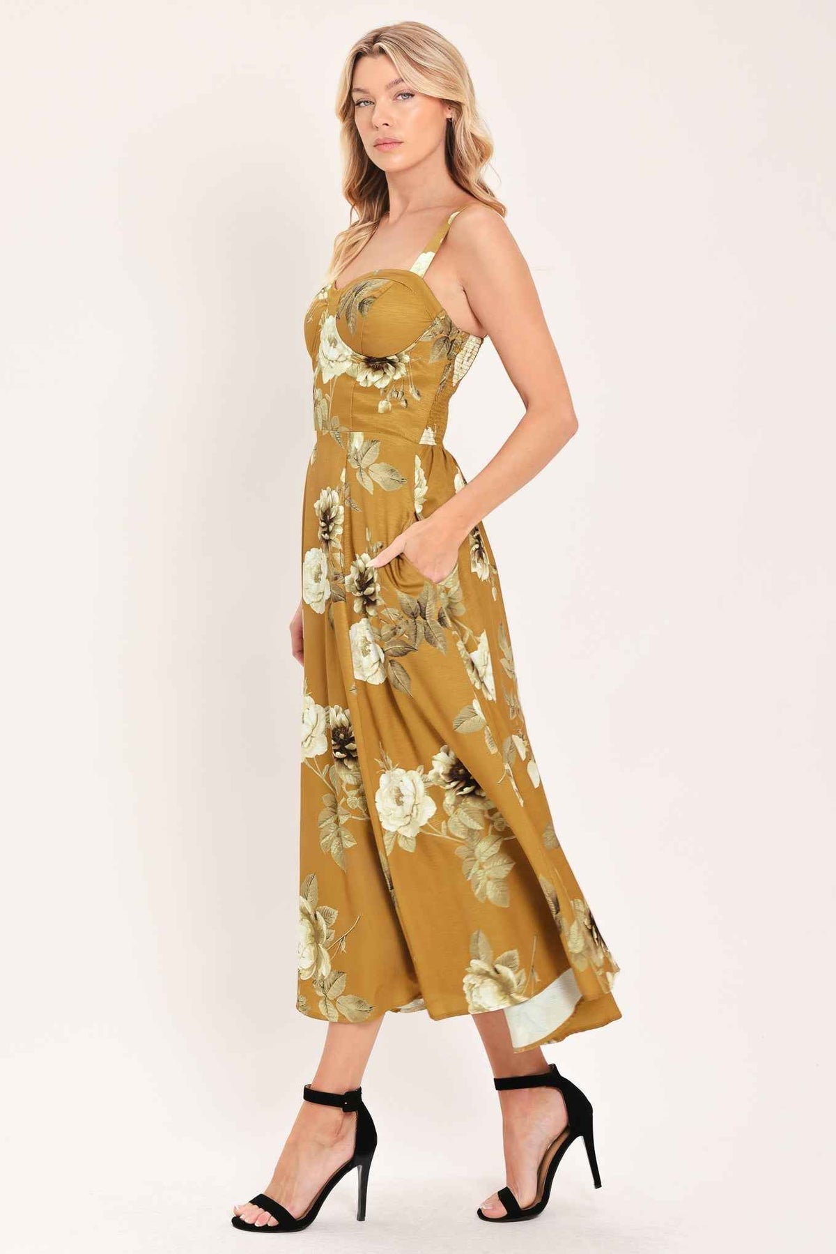MUSTARD ROSETTE MELODY WOVEN MIDI DRESS