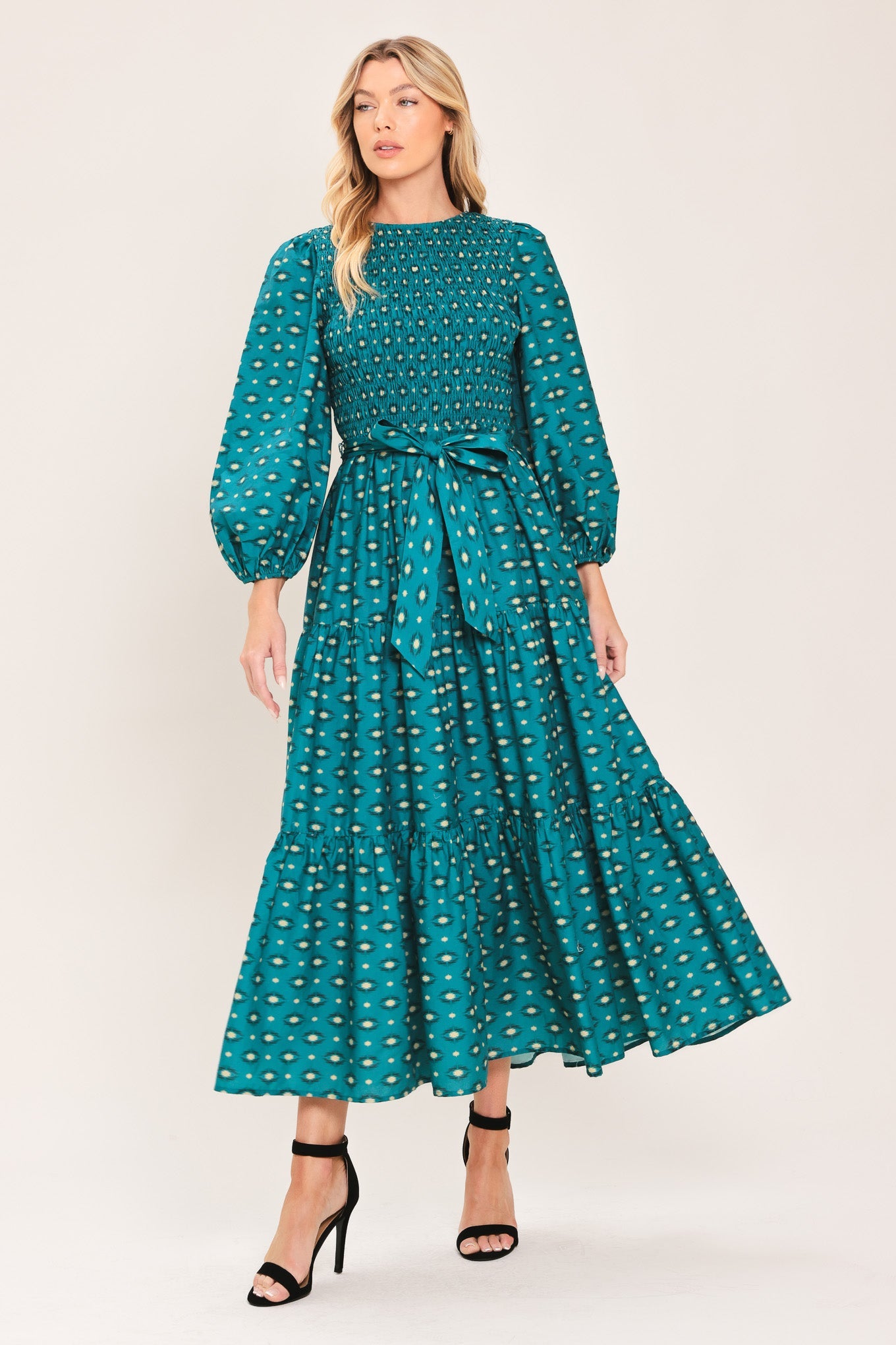 OCEAN DOT RUFFLE WOVEN MIDI DRESS