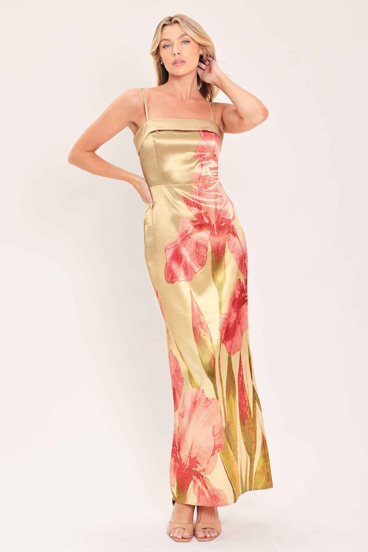 ROSÉ GARDEN GLEAM WOVEN COLUMN MAXI DRESS